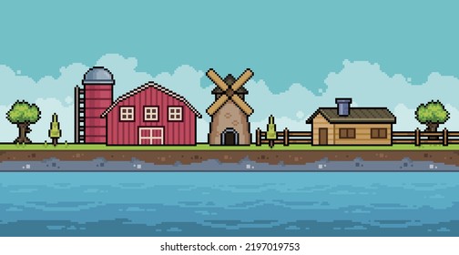 Pixel art landscape farm on the coast with house, barn, silo and mill 8bit game background
