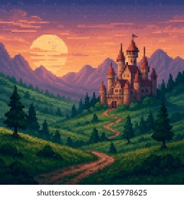 Pixel art landscape featuring a fantasy castle at sunset, surrounded by mountains and pine trees. Perfect for retro games, storybook visuals, or magical-themed designs.