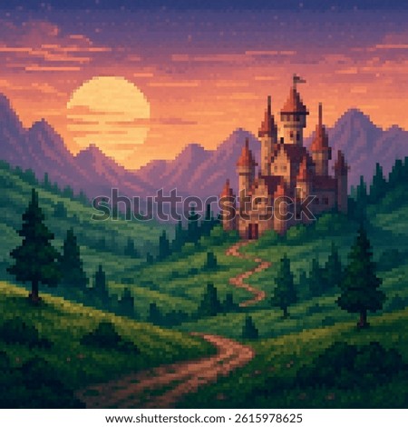Pixel art landscape featuring a fantasy castle at sunset, surrounded by mountains and pine trees. Perfect for retro games, storybook visuals, or magical-themed designs.