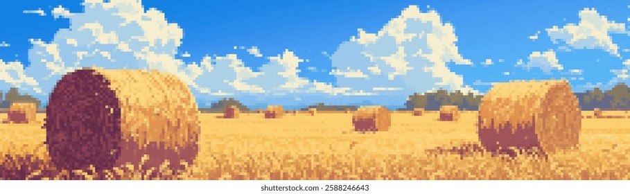 A pixel art landscape featuring golden hay bales scattered across a vast field under a bright blue sky with fluffy white clouds. The scene captures a serene rural atmosphere.