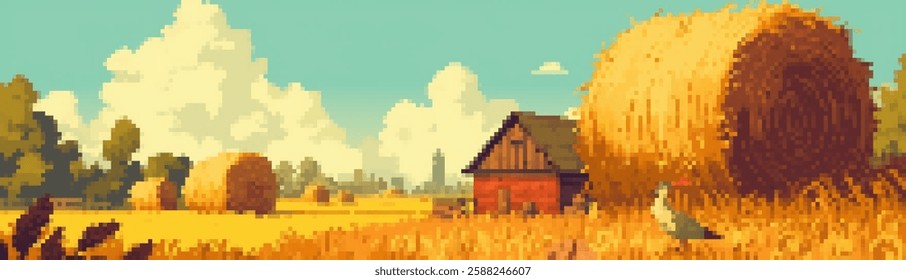 A pixel art landscape featuring a red barn surrounded by golden hay bales under a blue sky with fluffy clouds. The scene captures a serene rural atmosphere with fields of wheat and adistant city 