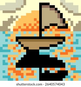 Pixel art landscape featuring a sailboat on the sea with a sunset background.