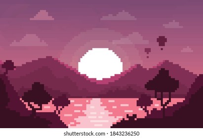 Pixel Art Landscape Forest Evening 8 Bit