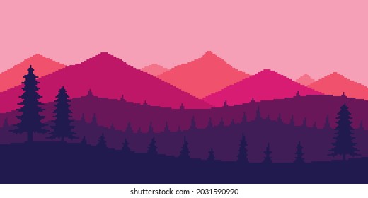 Bosque paisajístico de arte de Pixel en las montañas al atardecer minimalista de fondo de 8 bits.
