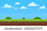 Pixel art landscape. Game background with blue sky, clouds and grass. Summer day scene for 8 bit arcade games. Retro pixelated playing view. Vector illustration. Outdoor environment for video game