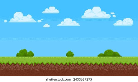 Paisaje de arte en píxeles. Fondo del juego con cielo azul, nubes y hierba. Escena del día de verano para los juegos de arcade de 8 bits. Vista de reproducción pixelada retro. Ilustración vectorial. Entorno al aire libre para videojuegos