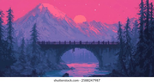 Pixel art landscape with mountain, bridge, and river at sunset for retro game design