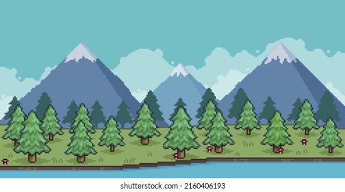 Pixel Art Landscape Of Pine Forest In The Mountains With Lake And Clouds
8 Bit Game Background
