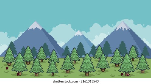 Pixel art landscape of pine forest in the mountains 8 bit vector background