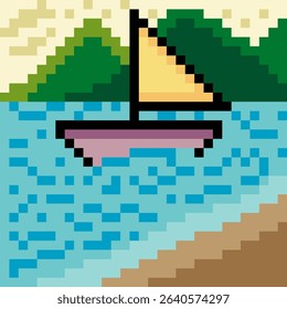 Pixel art landscape of sea and mountains with sailboat