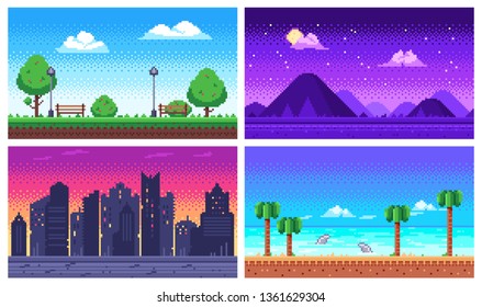 Pixel art landscape. Summer ocean beach, 8 bit city park, pixel cityscape and highlands landscapes arcade game. Pixelated scene, pixelation gaming playing level vector background set