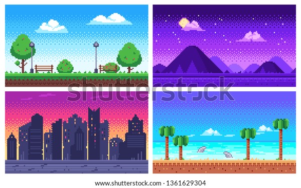 Pixel art\
landscape. Summer ocean beach, 8 bit city park, pixel cityscape and\
highlands landscapes arcade game. Pixelated scene, pixelation\
gaming playing level vector background\
set