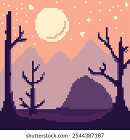 Pixel art landscape sunset trees, and mountains