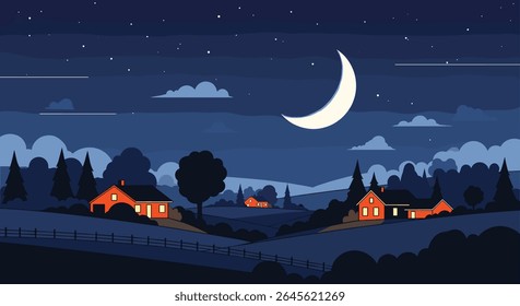 Pixel art landscape under a crescent moon with glowing houses