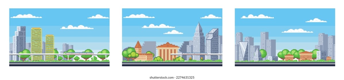 Paisaje artístico de Pixel. Vista de calles urbanas, carretera de 8 bits de parque de la ciudad, con edificios de fondo y apartamentos en arte píxel, paisaje de la ciudad píxel. Escena pixelada, nivel de juego de pixelado, ciudad de 8 bits