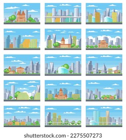 Pixel art landscape. Urban street view, 8 bit city park road, with background buildings and apartments in pixel art, pixel cityscape. Pixelated scene, pixelation gaming playing level, 8 bit city