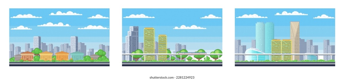 Pixel art landscape. Urban street view, 8 bit city park road, with background buildings and apartments in pixel art, pixel cityscape. Pixelated scene, pixelation gaming playing level, 8 bit city