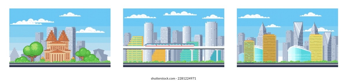 Pixel art landscape. Urban street view, 8 bit city park road, with background buildings and apartments in pixel art, pixel cityscape. Pixelated scene, pixelation gaming playing level, 8 bit city