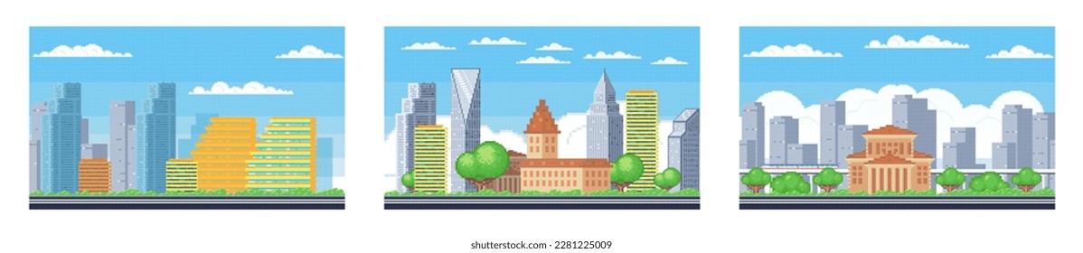 Pixel art landscape. Urban street view, 8 bit city park road, with background buildings and apartments in pixel art, pixel cityscape. Pixelated scene, pixelation gaming playing level, 8 bit city