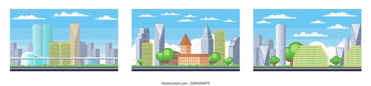 Pixel art landscape. Urban street view, 8 bit city park road, with background buildings and apartments in pixel art, pixel cityscape. Pixelated scene, pixelation gaming playing level, 8 bit city