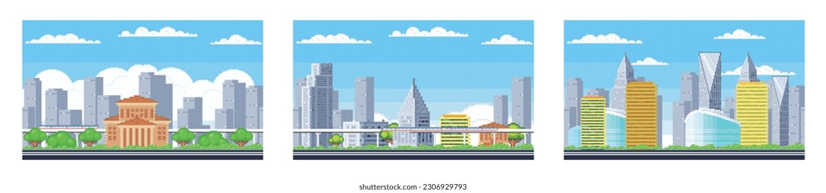 Pixel art landscape. Urban street view, 8 bit city park road, with background buildings and apartments in pixel art, pixel cityscape. Pixelated scene, pixelation gaming playing level, 8 bit city