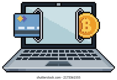 Pixel art laptop buy bitcoin with credit card. Buying bitcoin from laptop vector icon for 8bit game on white background

