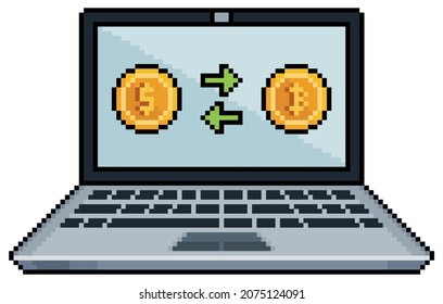 Pixel art laptop buying bitcoin. Dollar transfer to bitcoin. Investment in cryptocurrencies 8bit vector on white background

