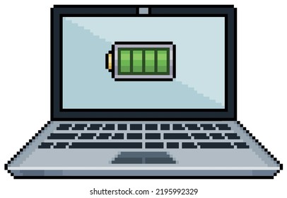 Pixel art laptop with charged battery icon, open laptop vector icon for 8bit game on white background