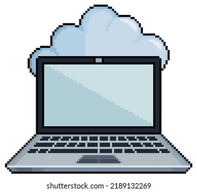 Pixel Art Laptop And Cloud. Store Data In The Cloud Vector Icon For 8bit Game On White Background
