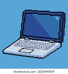 Pixel art laptop computer with a blue screen and detailed keyboard representing technology, digital work, online learning, business computing and internet use.