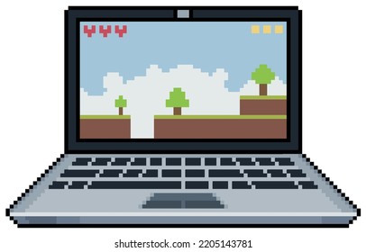 Pixel Art Laptop Computer With Retro Game Vector Icon For 8bit Game On White Background