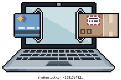 Pixel art laptop with a credit card and a delivery package, online shopping with laptop vector icon for 8bit game on white background