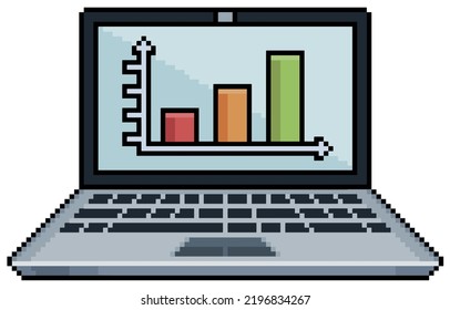 Pixel art laptop with data graphics on the screen. Data analysis vector icon for 8bit game on white background 
