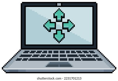 Pixel art laptop with direction arrows vector icon for 8bit game on white background