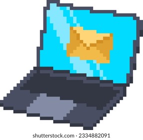 Portátil Pixel art con icono de notificación por correo electrónico en la pantalla. Gráfica de videojuegos retro de PC isométrica. Ilustración vectorial.