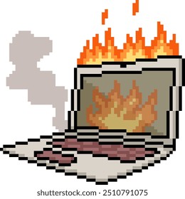 pixel art do laptop fogo queimar fundo isolado