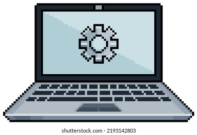 Pixel Art Laptop With Gear Icon On Screen. Computer Settings Vector Icon For 8bit Game On White Background