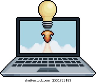 Laptop Pixel art com lâmpada que decola da tela em estilo de 8 bits no fundo branco