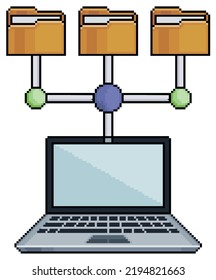 Pixel art laptop and network folders vector icon for 8bit game on white background
