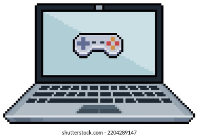 Pixel art laptop with video game joystick icon on screen vector icon for 8bit game on white background