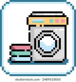 pixel art laundry icon with washing machine and pile of clothes.