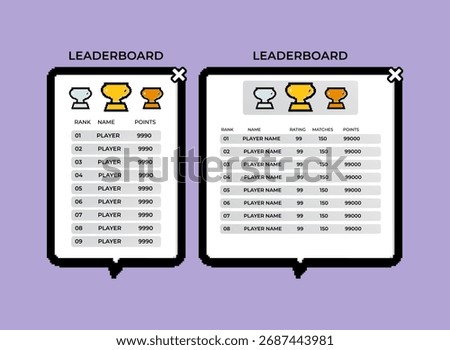 Pixel art leaderboard UI template for retro game interface with trophy icons and ranking board, 8bit arcade style scoreboard for mobile and desktop