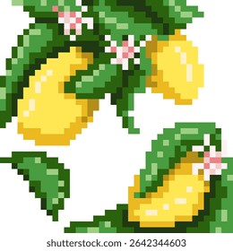 pixel art lemon of yellow lemons hanging from a tree. design for all business