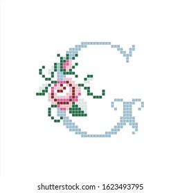 A pixel art letter g with a rose design. Pastel blue color with white outline. White background.