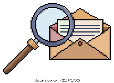 Pixel art letter and magnifying glass. document analysis vector icon for 8bit game on white background
