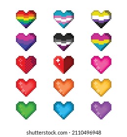 Pixel art lgbt flags in heart shapes