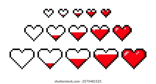 Pixel art life bar. 8 bit style hearts for game. Health level. Retro game. Vector graphic.