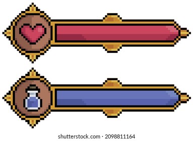 Pixel art life bar and mana bar. health energy bar vector icon for 8bit game on white background
