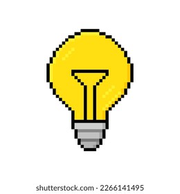Lámpara de luz de arte de píxeles. Concepto de icono de bombilla de 8 bits para idea, pensamiento, creatividad, lluvia de ideas, solución. Diseño de logotipo. Ilustración vectorial.