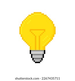 Pixel art light bulb. 8-bit bulb icon concept for idea, thinking, creativity, brainstorming, solution. Logo design. Vector illustration.